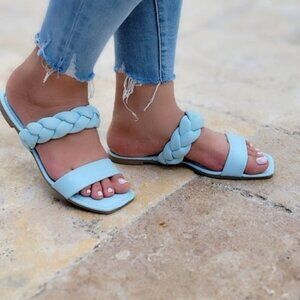 Blue Two Band Braided Flat Sandals